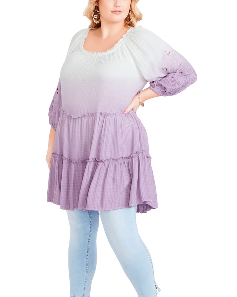 Front of a model wearing a size 18 Clover Dip Dye Tunic in Lavender by Aveology. | dia_product_style_image_id:297771